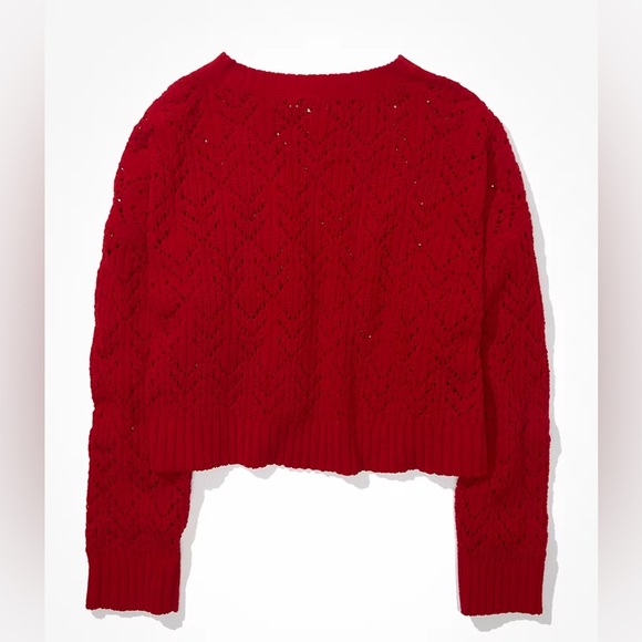 American Eagle AE RedCropped Pointelle Crew Neck Sweater XL - Picture 4 of 9